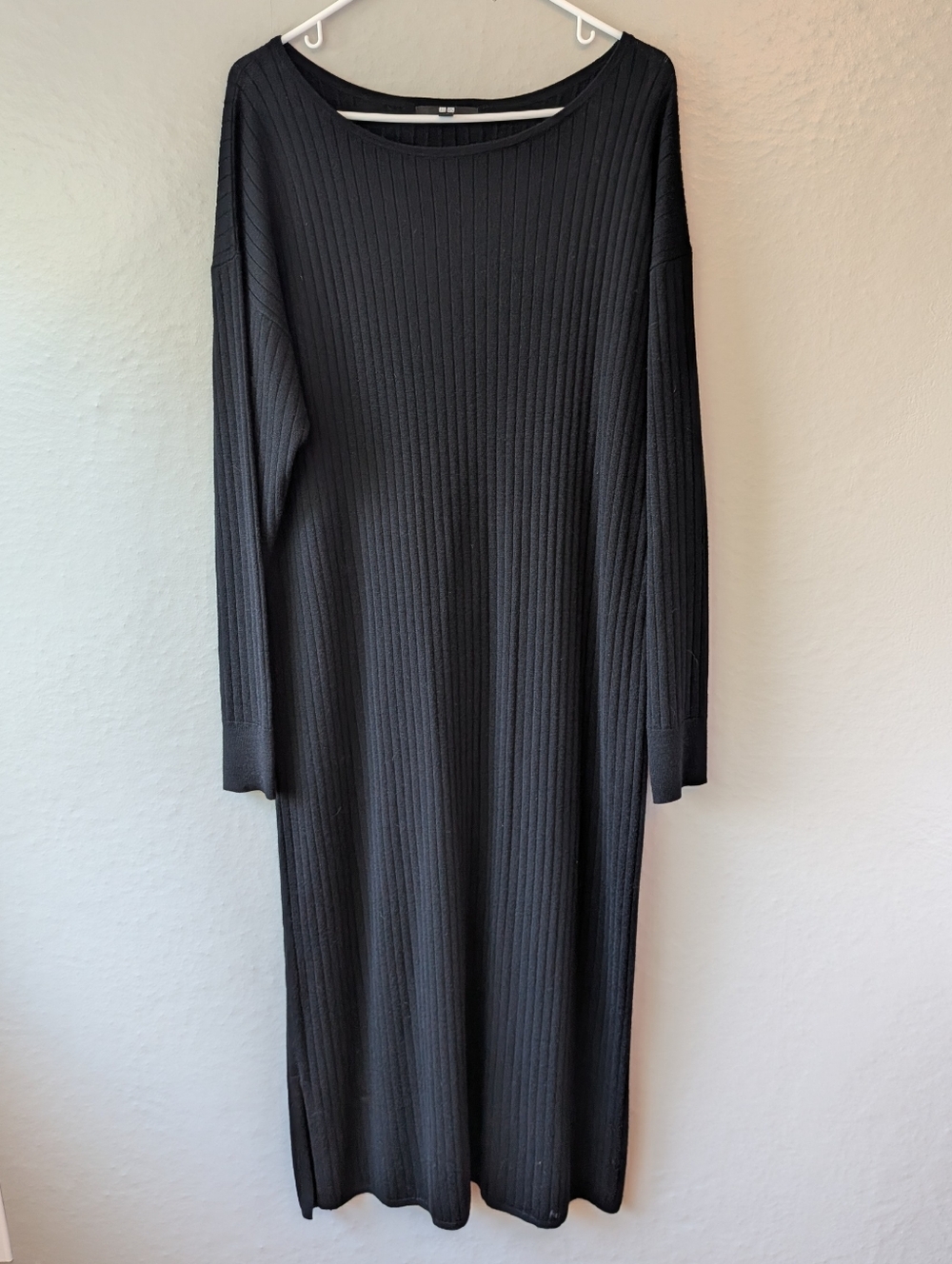 Uniqlo Black Ribbed Long Sleeve Midi Dress L
